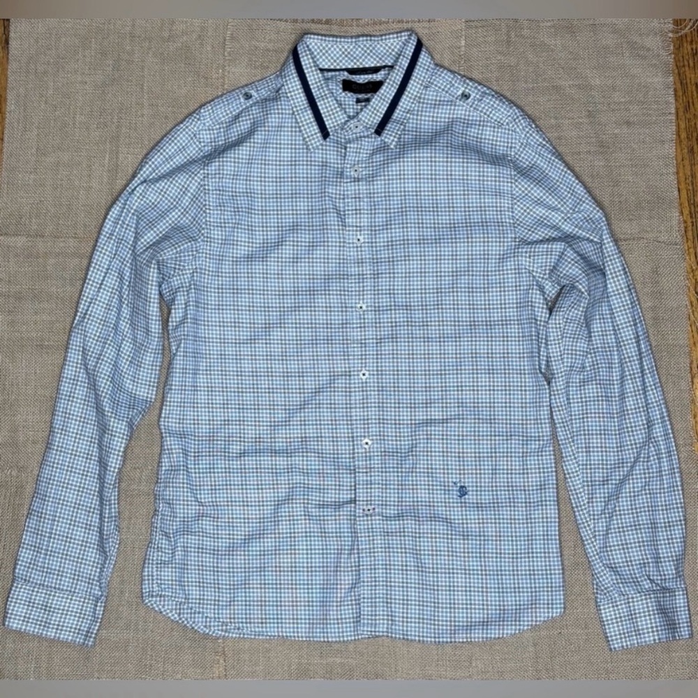 Guess Blue Gray White Plaid Button Up Shirt Mens Size Large Preppy Clean Boy